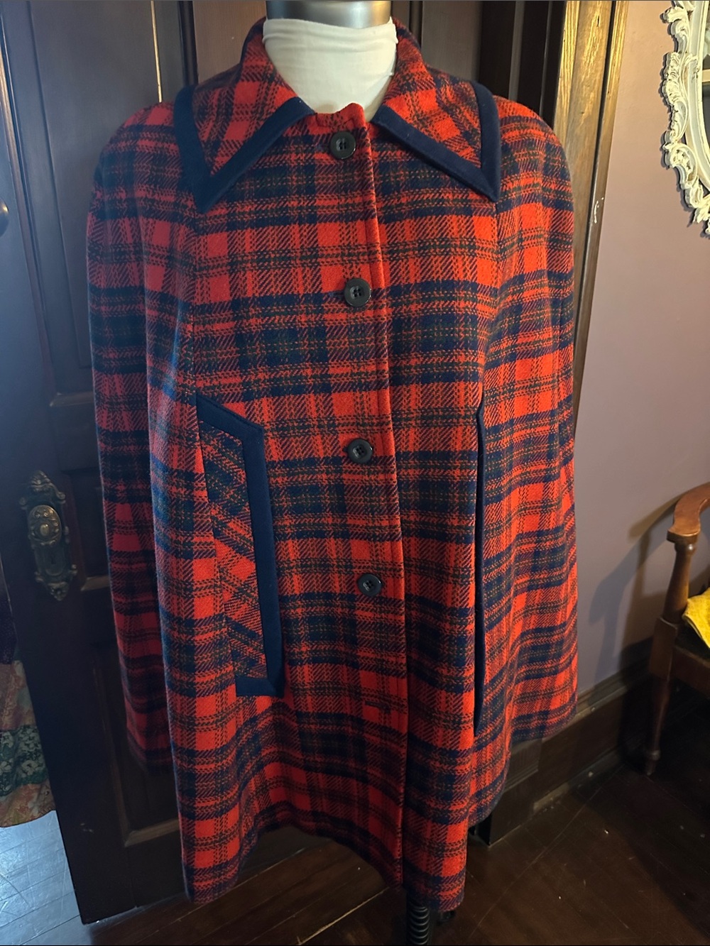Pendleton Red and Navy Plaid Cape Coat